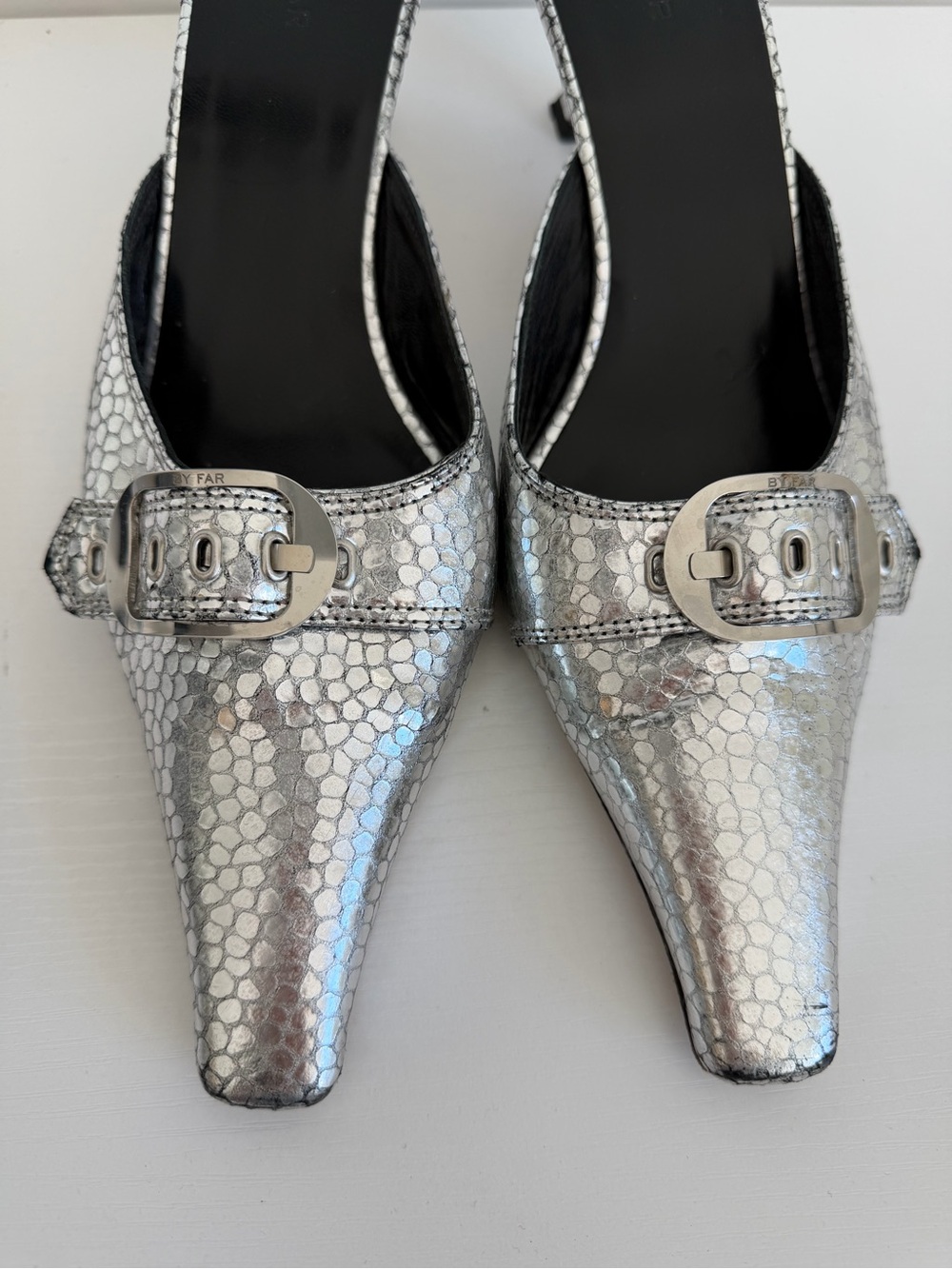 BY FAR 39 Evelyn Metallic Silver Pointed-Toe Mule Heels with Buckle - Picture 10 of 13